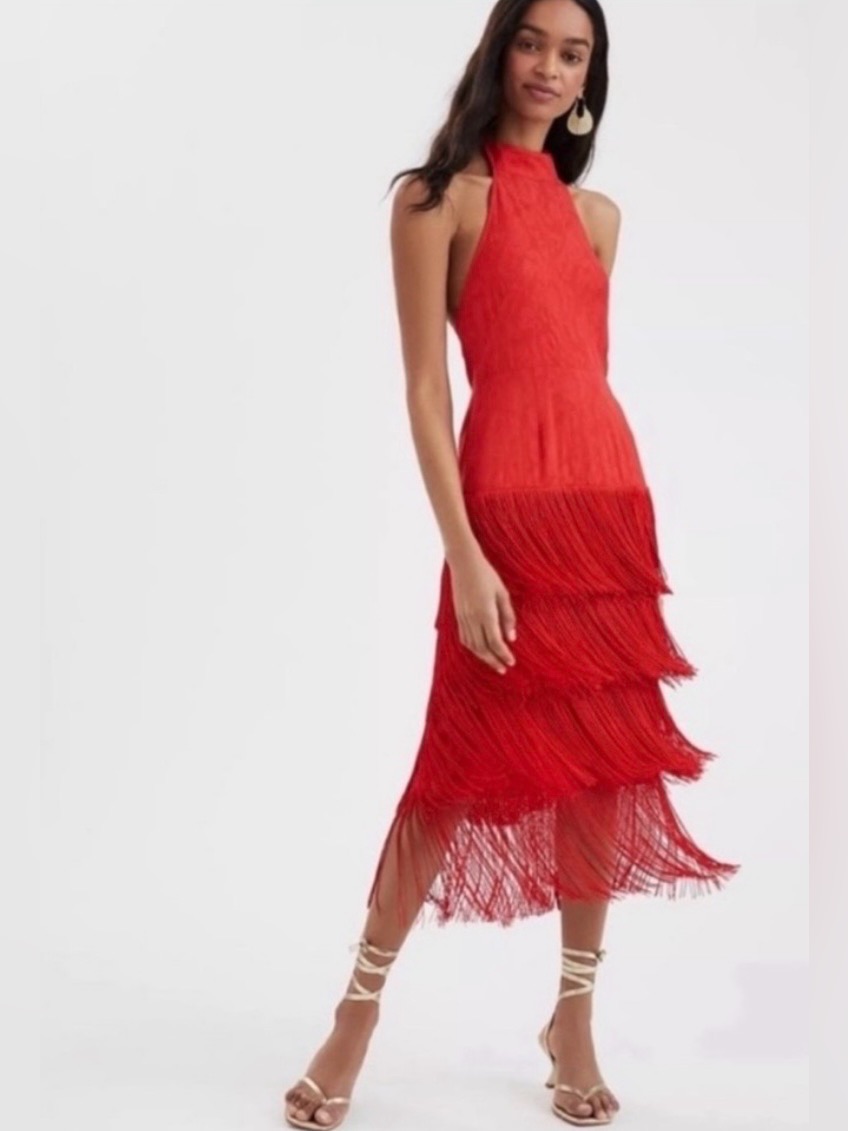 Anthropologie Red Halter Fringe Dress 8 Nwt
